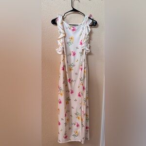 Floral Ruffle Sleeve Maxi Dress - Cream with Pink & Yellow Flowers
